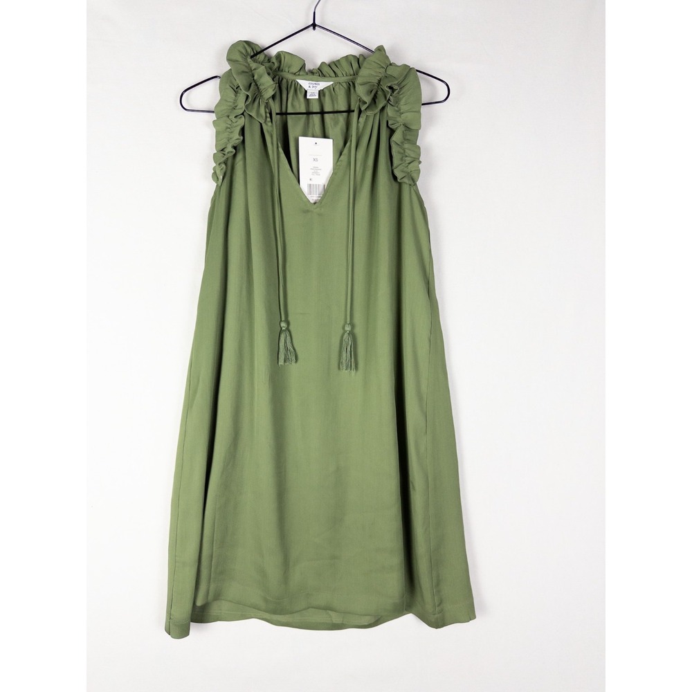 NWT Crown and Ivy‎ Dress Womens XS Green Ruffle Drawstring Midi Solid Sleeveless